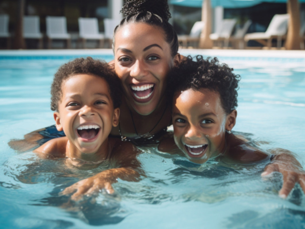 mom with kids in the pool