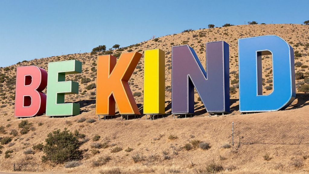 a large sign mounted on a hillside that says be kind