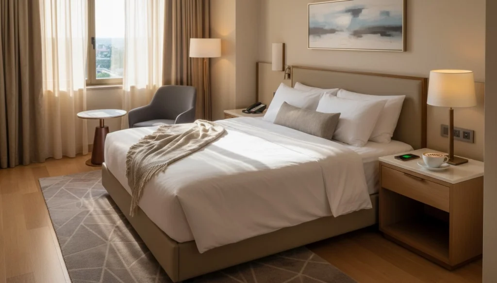 Sunlit day-use hotel room with coffee cup on table and bed ready for a daytime stay.
