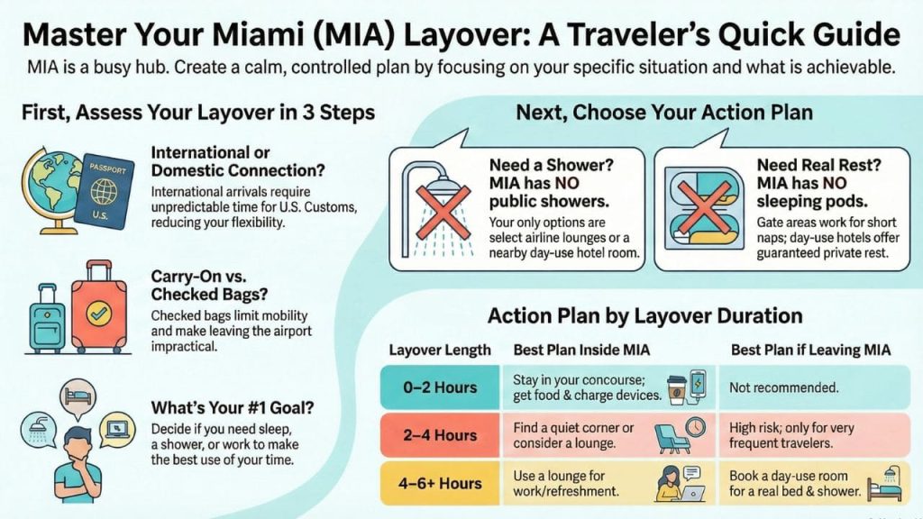 Layover playbook infographic showing realistic options at Miami International Airport.