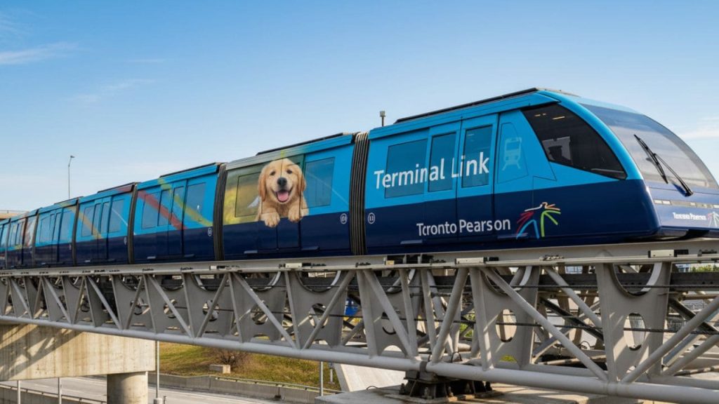 terminal link train toronto airport on the track in daytime