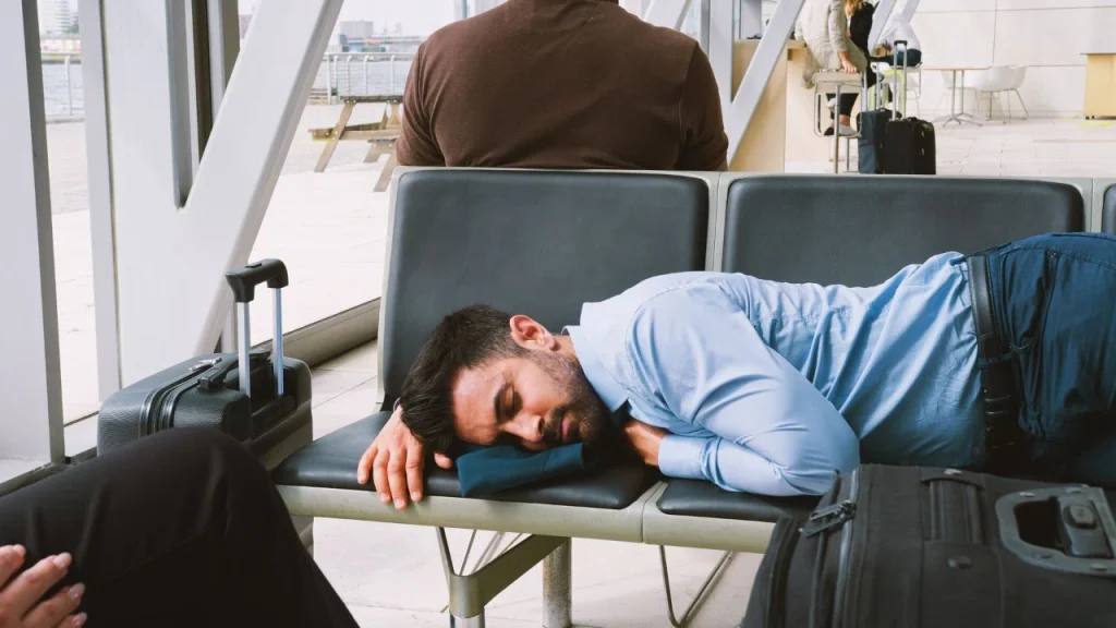 where can I sleep at las vegas airport: man laying across airport bench seating