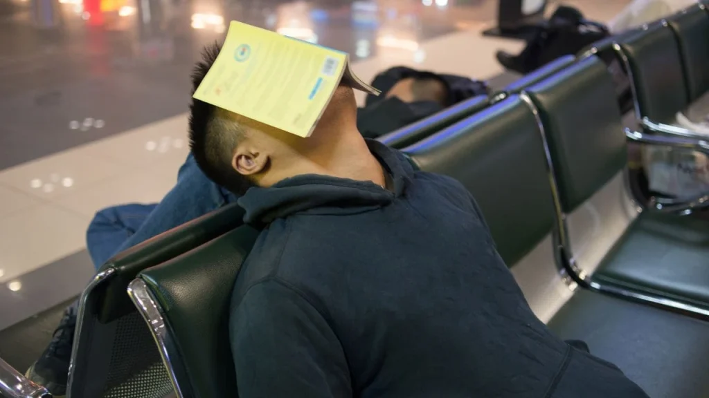 where to sleep at lax airport: man sleeping in airport chair with book spreadout over his face