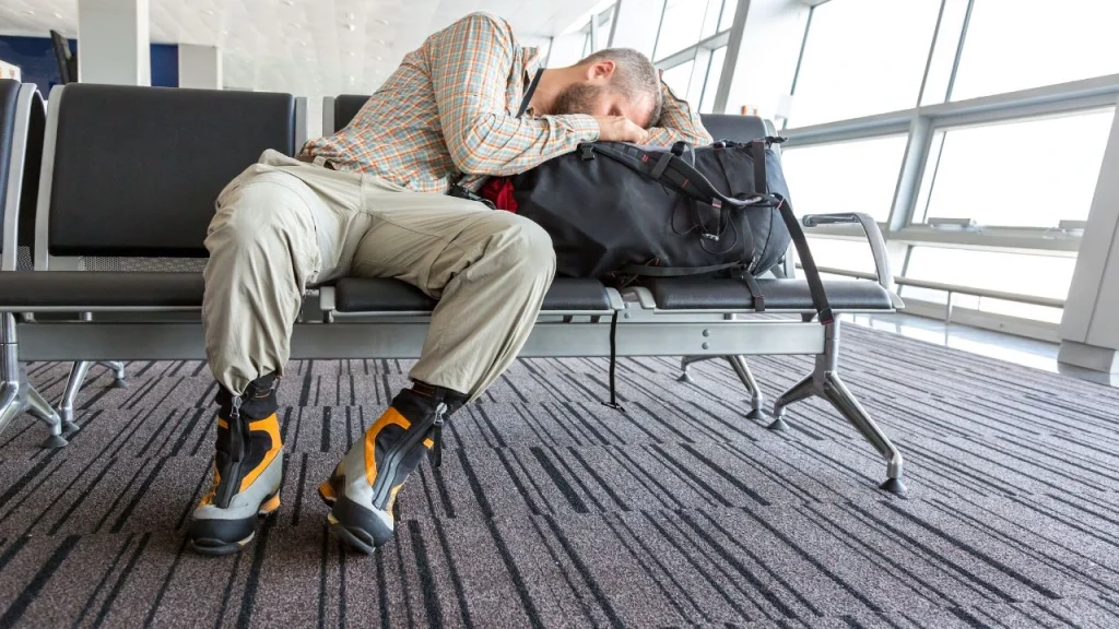 man sleeping at airport boarding gate