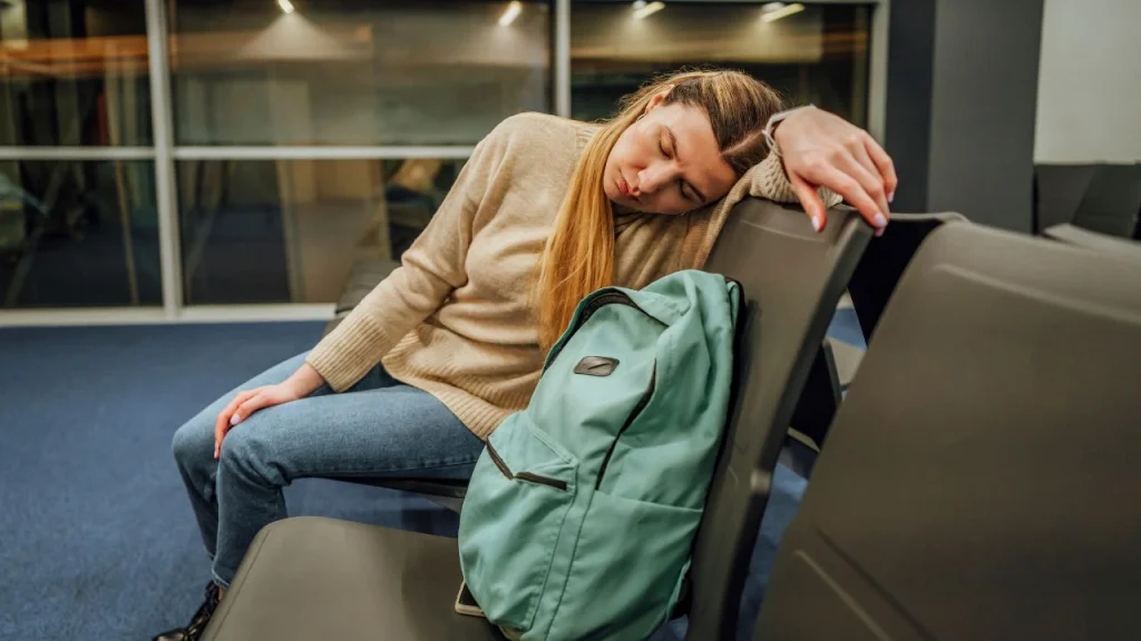 lady sleeping on airport terminal bench
