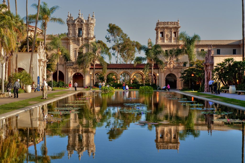 Beautiful reflection off the courtyard fountain surface in San Diego's historic Balboa Park. 