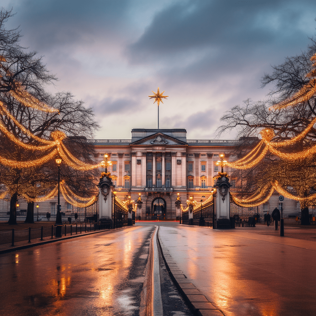 Buckingham Palace adorned with festive lights, reflected on a wet path under a twilight sky