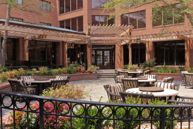 Outside brick patio for relaxing, working at Doubletree, Charlotte. 