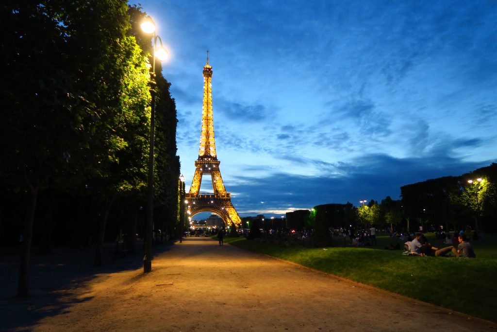 Eiffel Tower view at night. 