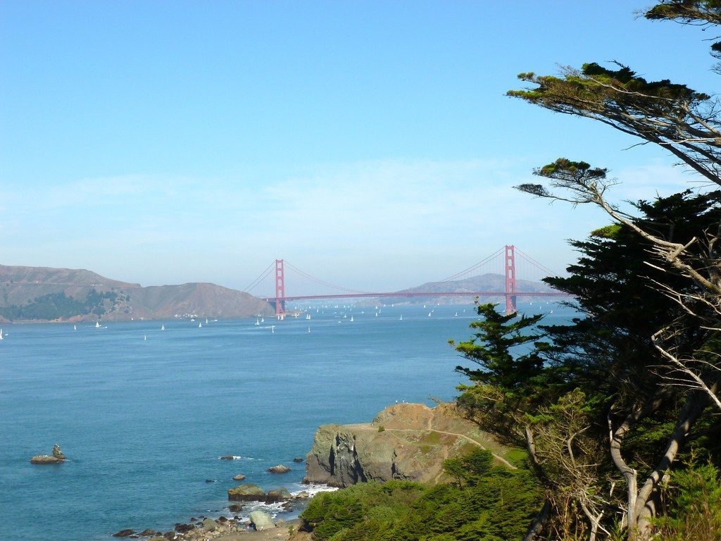 View of the Golden Gate Bridge and the Pacific Ocean as it meets San Francisco Bay.