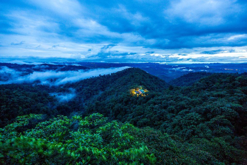 Lit up lodge in middle of rainforest as nighttime looms.