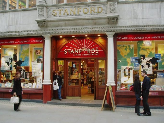 View outside of Stanfords, an independent bookshop in London's Covent Garden. 