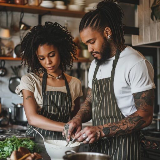 A man and a woman in striped aprons cooking together.