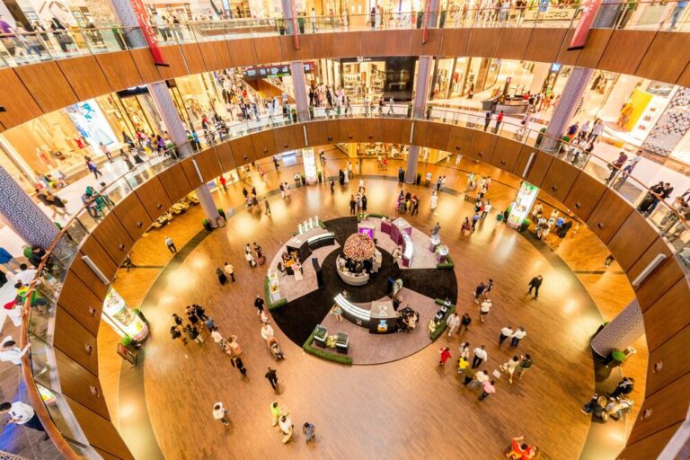 Overhead view of a busy circular atrium in a Dubai shopping mall.