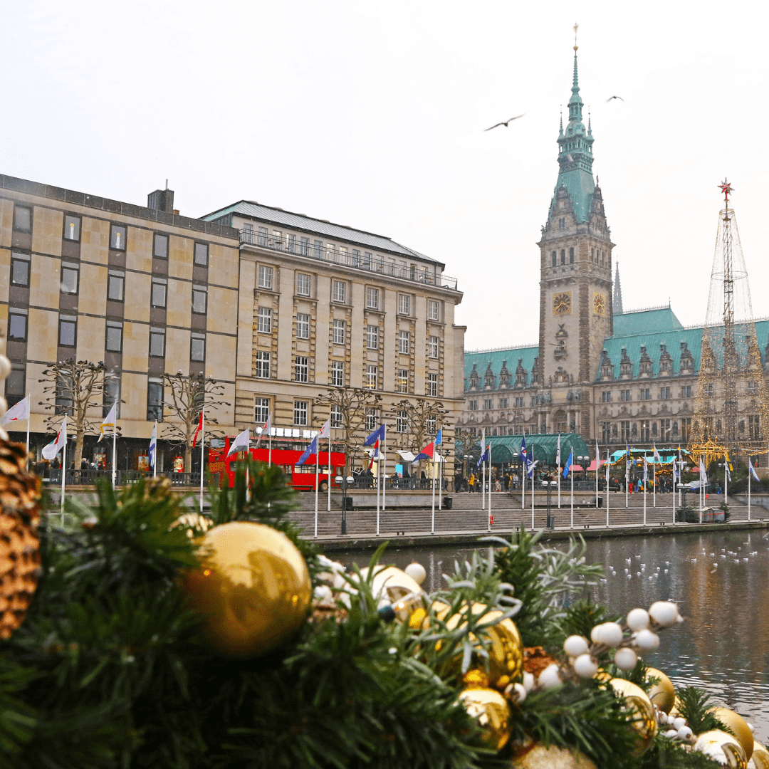 Christmas decor in Hamburg with the Rathaus and market stalls, flags fluttering, and seagulls flying under a cloudy sky.