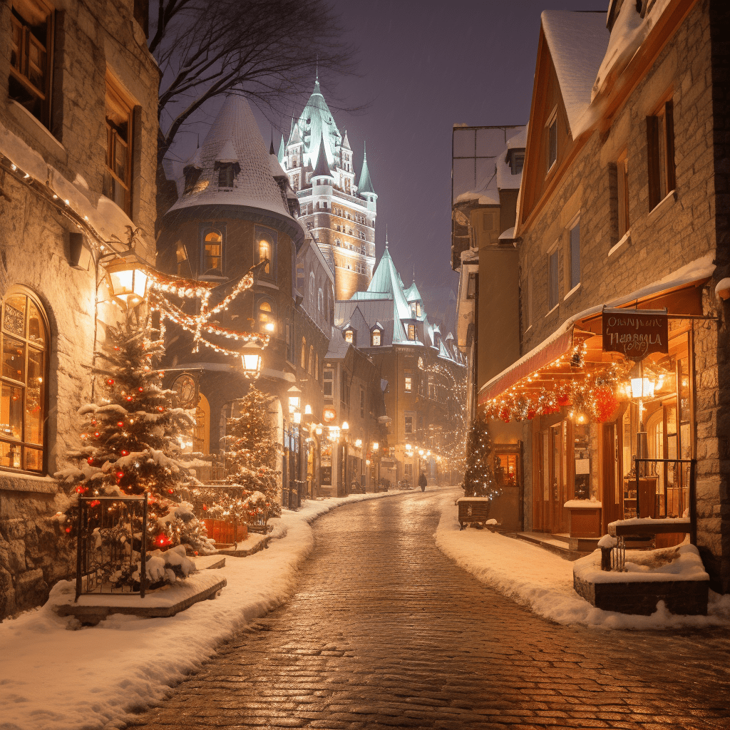 A snow-covered street in Quebec City, Quebec, lined with Christmas decorations and lights, leading towards a fairytale-like chateau