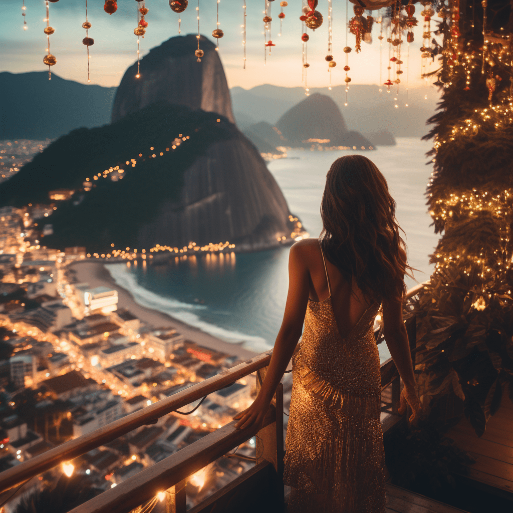 Woman in a glittering dress overlooking the illuminated Rio de Janeiro coastline and Sugarloaf Mountain at twilight.