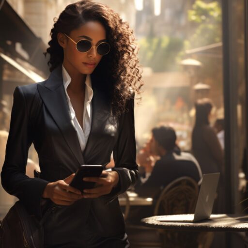 Stylish businesswoman looks down at phone while at an outdoor cafe. 