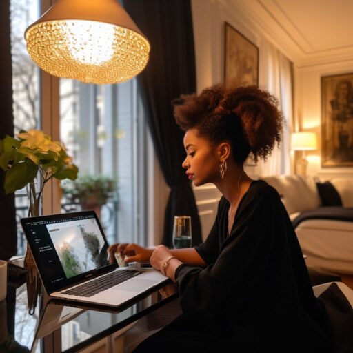 Lady works in front of laptop in stylish hotel room. 